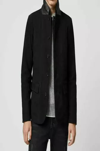 Men's black suede genuine lambskin leather coat -2 flap pocket & button style