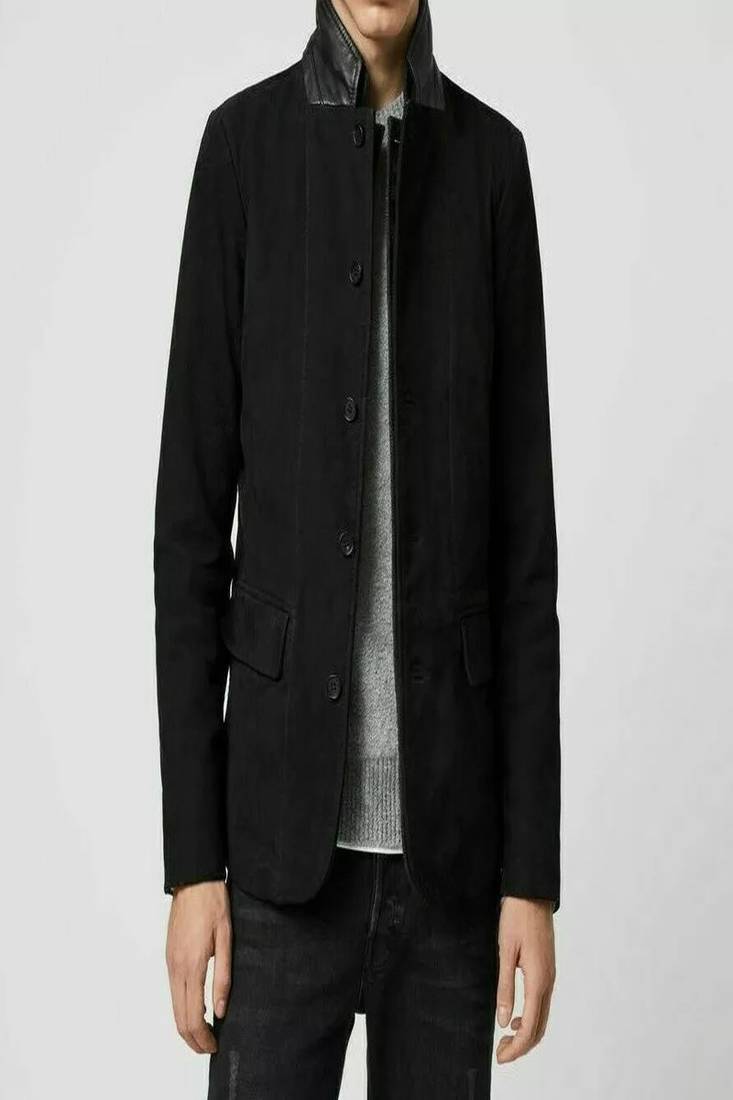 Men's black suede genuine lambskin leather coat -2 flap pocket & button style