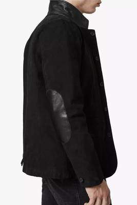 Men's black suede genuine lambskin leather coat -2 flap pocket & button style 4