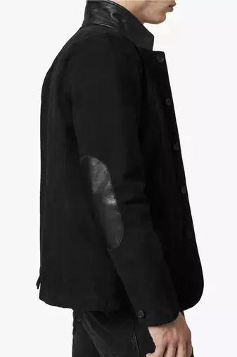 Men's black suede genuine lambskin leather coat -2 flap pocket & button style