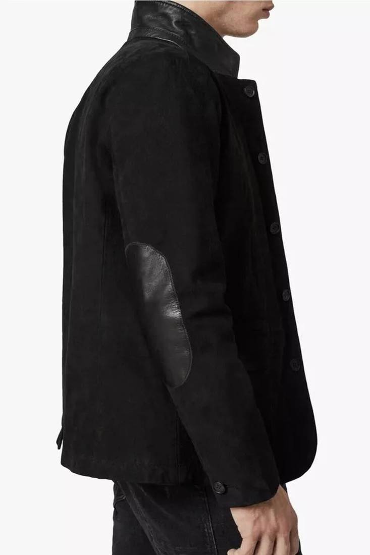 Men's black suede genuine lambskin leather coat -2 flap pocket & button style