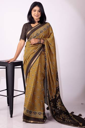 Mirchi fashion women's mustard floral,block print viscose cotton saree with unstitched blouse piece