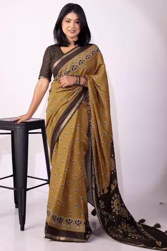 Mirchi fashion women's mustard floral,block print viscose cotton saree with unstitched blouse piece