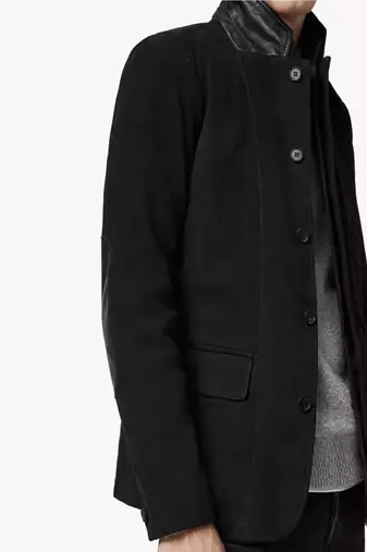 Men's black suede genuine lambskin leather coat -2 flap pocket & button style