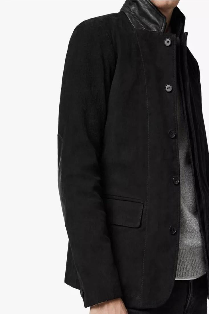 Men's black suede genuine lambskin leather coat -2 flap pocket & button style