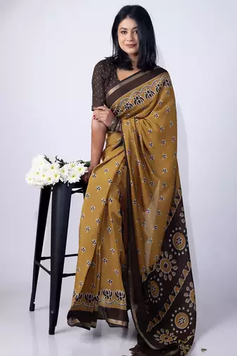 Mirchi fashion women's mustard floral,block print viscose cotton saree with unstitched blouse piece