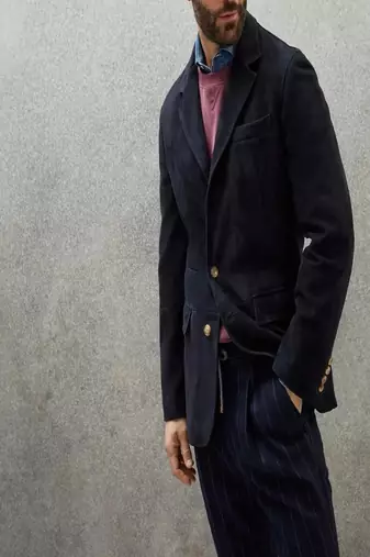 Men's black suede genuine lambskin leather coat -2 flap pocket & button style