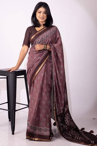 Mirchi fashion women's magenta floral,block print viscose cotton saree with unstitched blouse piece