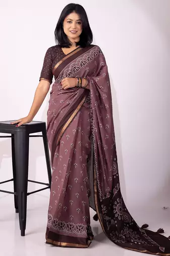 Mirchi fashion women's magenta floral,block print viscose cotton saree with unstitched blouse piece