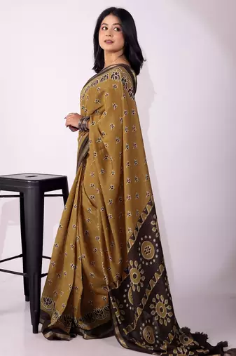 Mirchi fashion women's mustard floral,block print viscose cotton saree with unstitched blouse piece