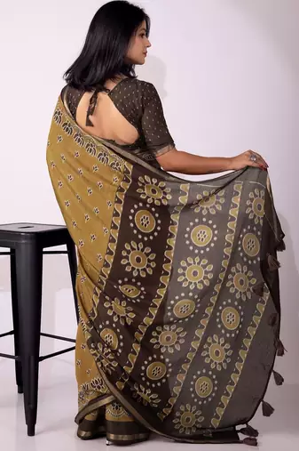 Mirchi fashion women's mustard floral,block print viscose cotton saree with unstitched blouse piece