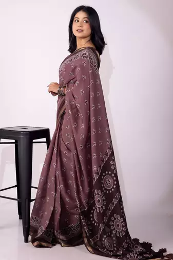 Mirchi fashion women's magenta floral,block print viscose cotton saree with unstitched blouse piece
