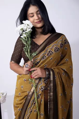 Mirchi fashion women's mustard floral,block print viscose cotton saree with unstitched blouse piece