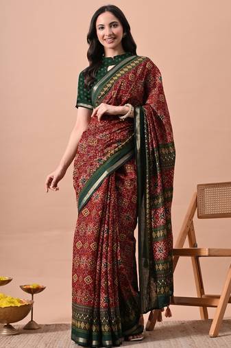 Mirchi fashion women's red patola zari border viscose cotton saree with unstitched blouse piece
