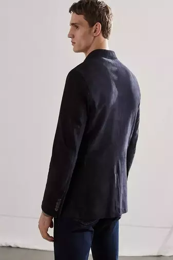 Men's black suede genuine lambskin leather coat -2 flap pocket & button style