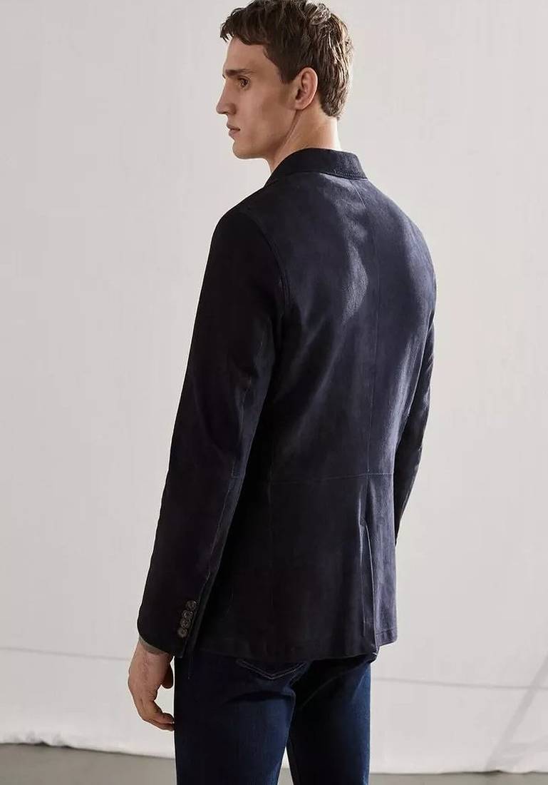 Men's black suede genuine lambskin leather coat -2 flap pocket & button style