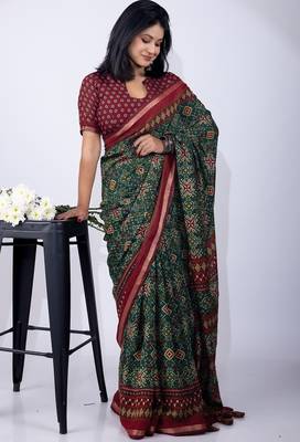 Mirchi fashion women's green patola zari border viscose cotton saree with unstitched blouse piece 2