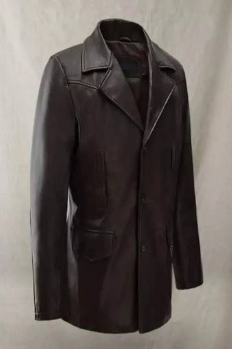 Men's brown genuine lambskin leather coat -2 flap pocket & button style