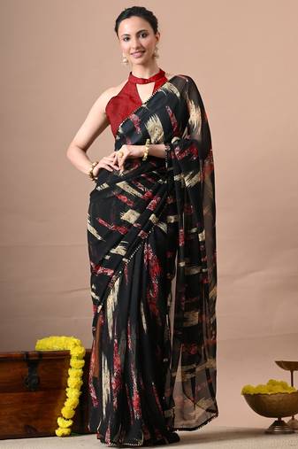 Black abstract print georgette saree with unstitched blouse piece