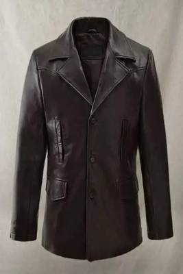 Men's brown genuine lambskin leather coat -2 flap pocket & button style 2