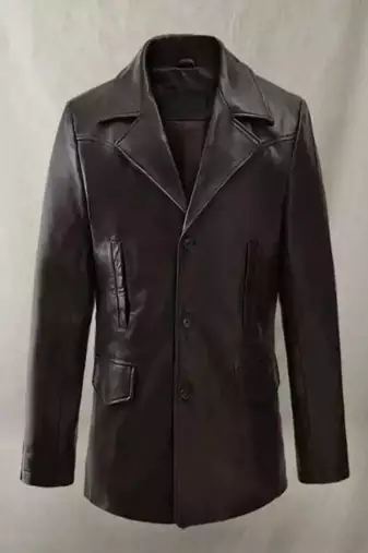 Men's brown genuine lambskin leather coat -2 flap pocket & button style