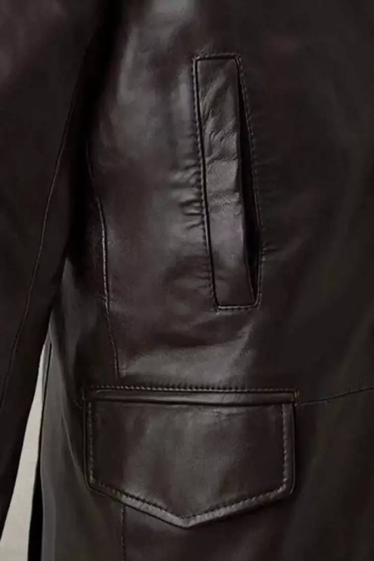 Men's brown genuine lambskin leather coat -2 flap pocket & button style