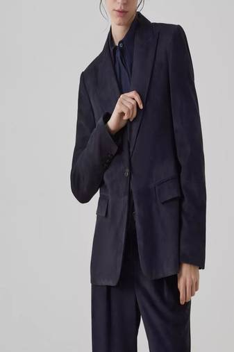 Men's navy blue  genuine lambskin leather coat blazer -2 flap pocket & button style