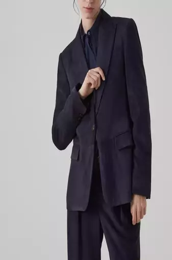 Men's navy blue  genuine lambskin leather coat blazer -2 flap pocket & button style
