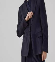 Men's navy blue  genuine lambskin leather coat blazer -2 flap pocket & button style