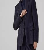 Men's navy blue  genuine lambskin leather coat blazer -2 flap pocket & button style