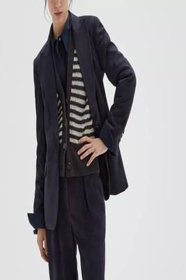 Men's navy blue  genuine lambskin leather coat blazer -2 flap pocket & button style 2