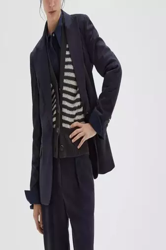 Men's navy blue  genuine lambskin leather coat blazer -2 flap pocket & button style