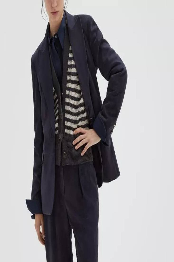 Men's navy blue  genuine lambskin leather coat blazer -2 flap pocket & button style