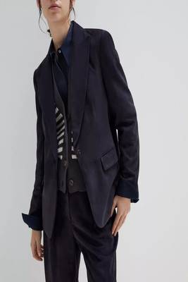 Men's navy blue  genuine lambskin leather coat blazer -2 flap pocket & button style 3