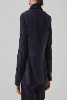 Men's navy blue  genuine lambskin leather coat blazer -2 flap pocket & button style 4