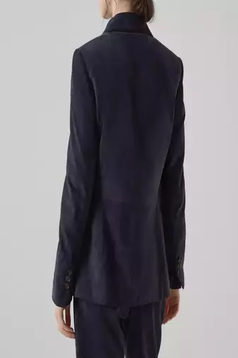 Men's navy blue  genuine lambskin leather coat blazer -2 flap pocket & button style