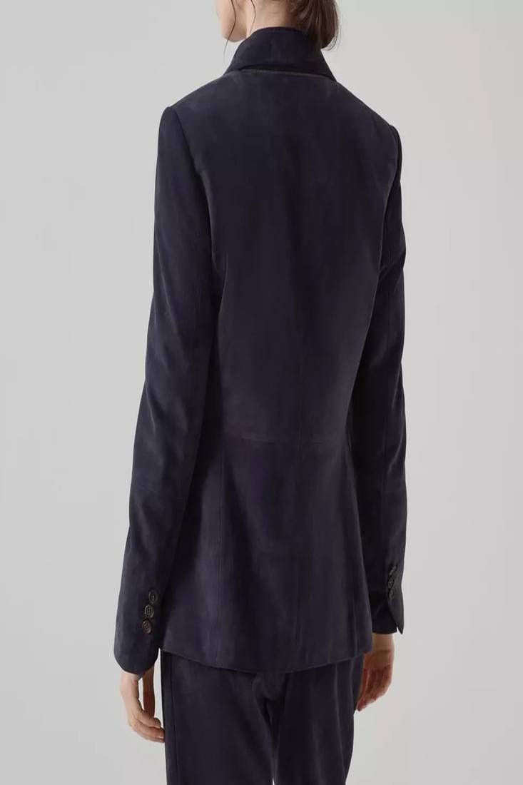 Men's navy blue  genuine lambskin leather coat blazer -2 flap pocket & button style