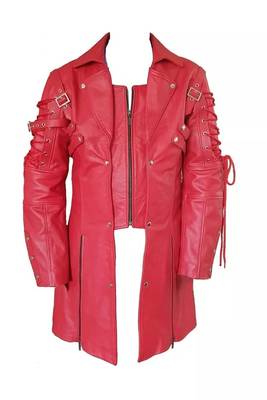 Men's red genuine lambskin leather tranch coat - lace-up cords & button style 1