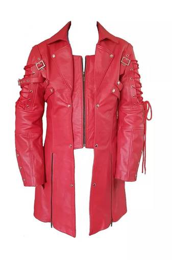 Men's red genuine lambskin leather tranch coat - lace-up cords & button style