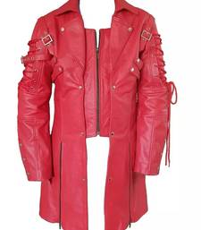 Men's red genuine lambskin leather tranch coat - lace-up cords & button style