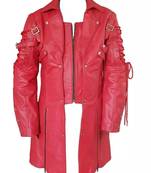 Men's red genuine lambskin leather tranch coat - lace-up cords & button style