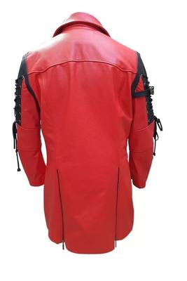 Men's red genuine lambskin leather tranch coat - lace-up cords & button style 2