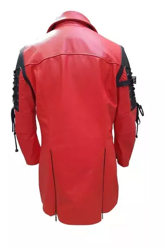 Men's red genuine lambskin leather tranch coat - lace-up cords & button style