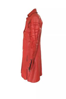 Men's red genuine lambskin leather tranch coat - lace-up cords & button style 3