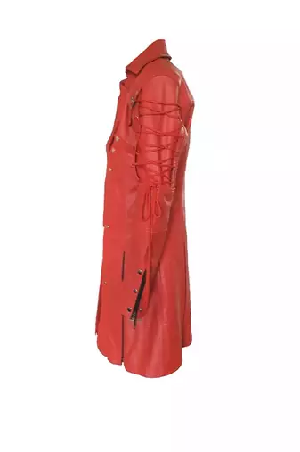 Men's red genuine lambskin leather tranch coat - lace-up cords & button style