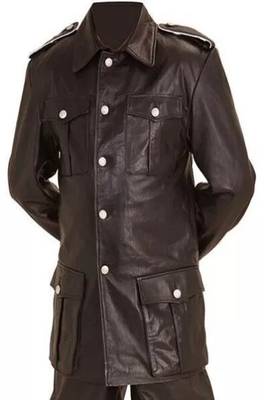 Men's brown genuine lambskin leather tranch coat - 4 envelope pocket & button style 1