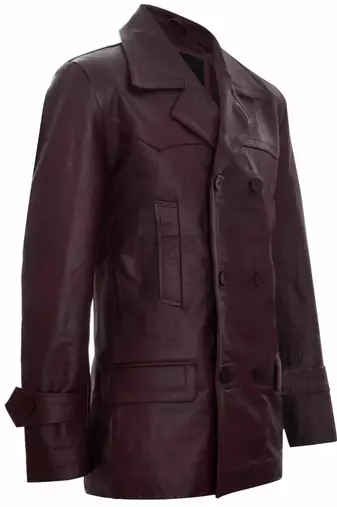 Men's burgundy genuine lambskin leather tranch coat - 4 envelope pocket & button style