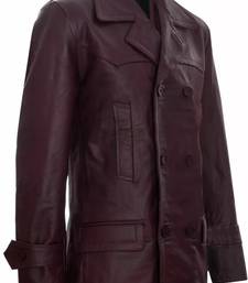 Men's burgundy genuine lambskin leather tranch coat - 4 envelope pocket & button style