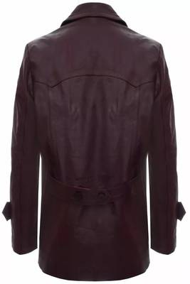 Men's burgundy genuine lambskin leather tranch coat - 4 envelope pocket & button style 2