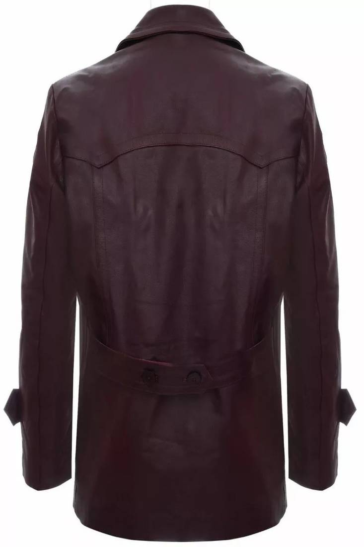 Men's burgundy genuine lambskin leather tranch coat - 4 envelope pocket & button style